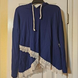 Blue Hoodie with Lace Trim